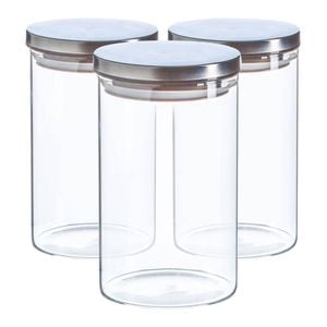 Argon Tableware Glass Storage Jar - Silver Lid - 1l - Modern Round Scandi Organisation Container Glass Jar - Set Of 3