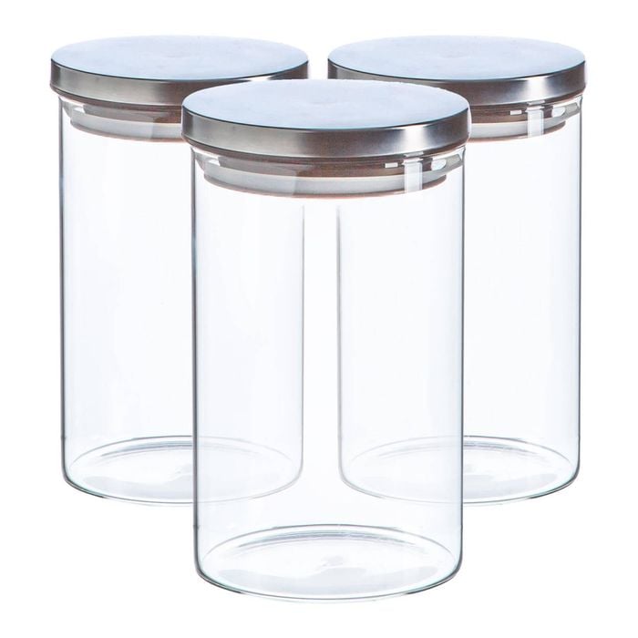 Argon Tableware Glass Storage Jar - Silver Lid - 1l - Modern Round Scandi Organisation Container Glass Jar - Set Of 3