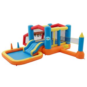 Keezi Inflatable Kids Pool Play Park Trampoline Volleyball Net with Blower Balls 4mx4.37m