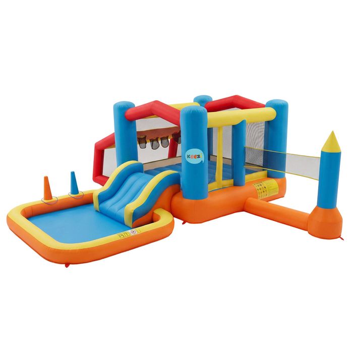 Keezi Inflatable Kids Pool Play Park Trampoline Volleyball Net with Blower Balls 4mx4.37m