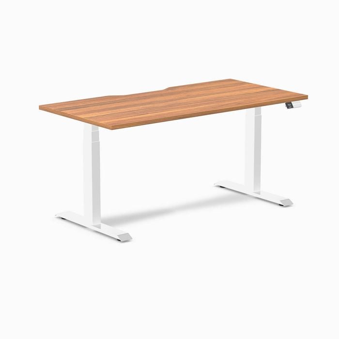 Desky Dual Prime Oak Scalloped Melamine Sit Stand Desk 150x75cm White Frame Leg