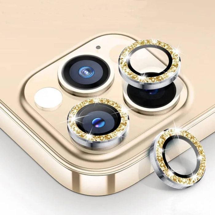 Metal Camera Len Glitter Cover Glass Protector Bling - For Apple iPhone 14 Pro / 14 Pro max (3pcs) - Gold