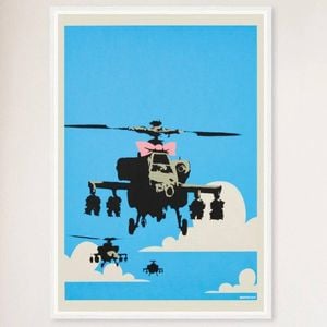 Galrie Banksy Happy Choppers Art Print - 2003 Limited Edition for Home Decor, White Frame, A4 21 x 30cm (8 x 12inch)
