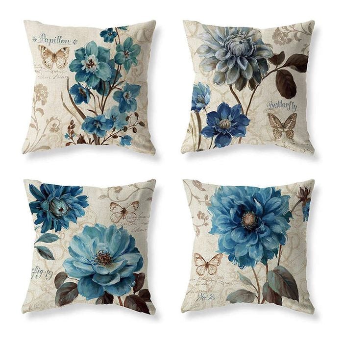 Catzon 4 Pcs Vintage Floral Pillow Covers Cotton Linen Pillowcases for Couch-A