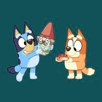 Two bluey characters on a Bunnings green background