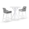 Houston Outdoor 90cm Round Aluminium Bar Table White With 2 Hugo Stools & Grey Rope w/Textured Olefin Cushions