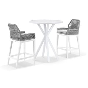 Houston Outdoor 90cm Round Aluminium Bar Table White With 2 Hugo Stools & Grey Rope w/Textured Olefin Cushions