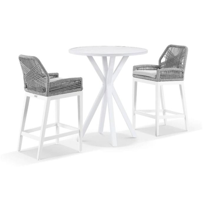 Houston Outdoor 90cm Round Aluminium Bar Table White With 2 Hugo Stools & Grey Rope w/Textured Olefin Cushions