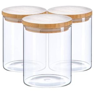 Argon Tableware Glass Storage Jar - Wooden Lid - 750ml - Modern Round Scandi Organisation Container Glass Jar - Set Of 3