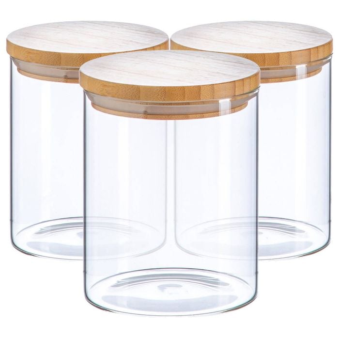 Argon Tableware Glass Storage Jar - Wooden Lid - 750ml - Modern Round Scandi Organisation Container Glass Jar - Set Of 3
