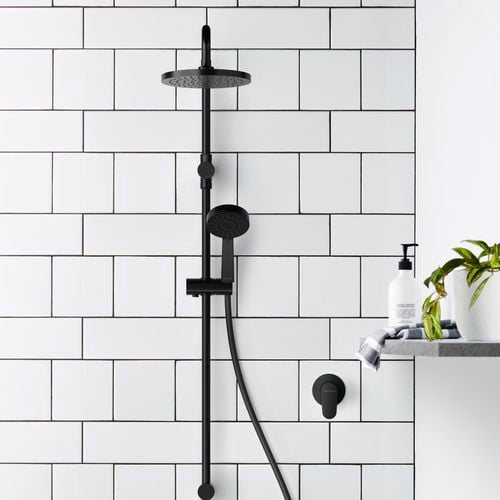 Matte black Krome twin shower system with white tiles