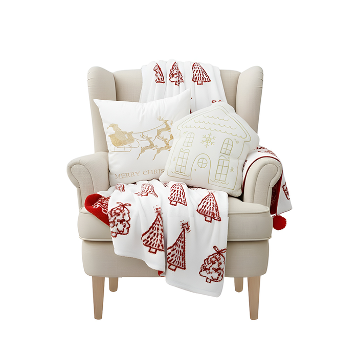 SOGA Christmas Bundle – Red Christmas Tree Fleece Throw & White Festive Holiday Pillows
