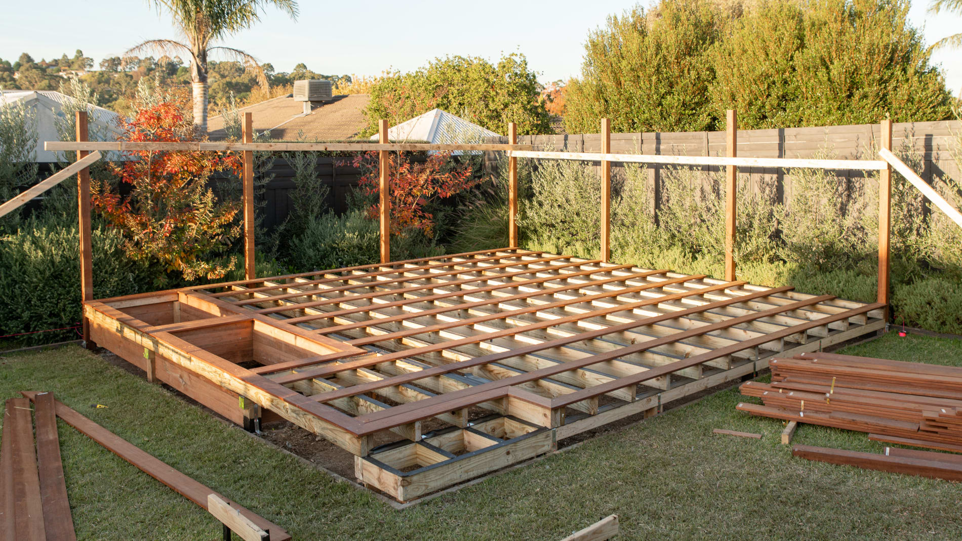 The deck boards are laid straight and evenly spaced