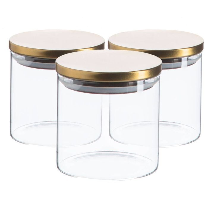 Argon Tableware Glass Storage Jar - Gold Lid - 550ml - Modern Round Scandi Organisation Container Glass Jar - Set Of 3