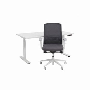 Olg Workstation Bundle: Agile Motion+ 1500x750 White Frame White Top Sit-stand Desk + Motion Sync White Office Chair