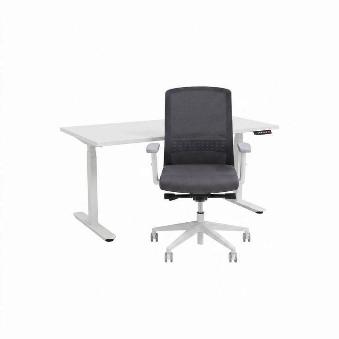 Olg Workstation Bundle: Agile Motion+ 1500x750 White Frame White Top Sit-stand Desk + Motion Sync White Office Chair