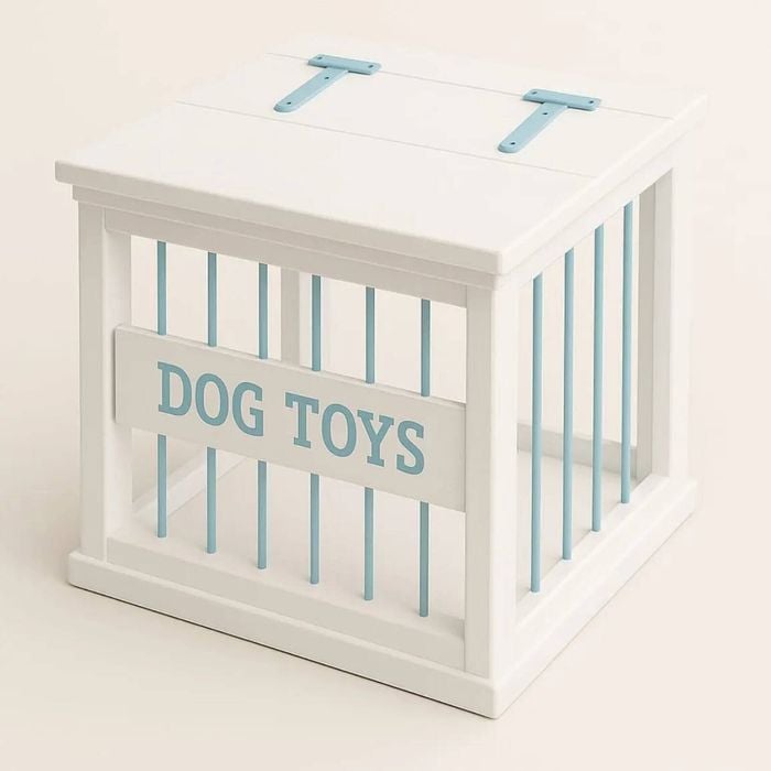 Paws and Willow Arctic White with Blue Hardware Wooden Dog Toy Storage Box