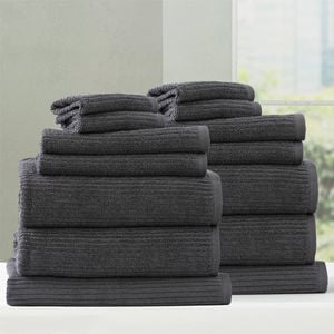 14pc Renee Taylor Cobblestone 650GSM Cotton Ribbed Towel Granite