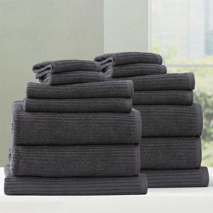 14pc Renee Taylor Cobblestone 650GSM Cotton Ribbed Towel Granite