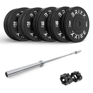Brixx 150kg Pro Black Olympic Bumper Plates + 20kg Barbell