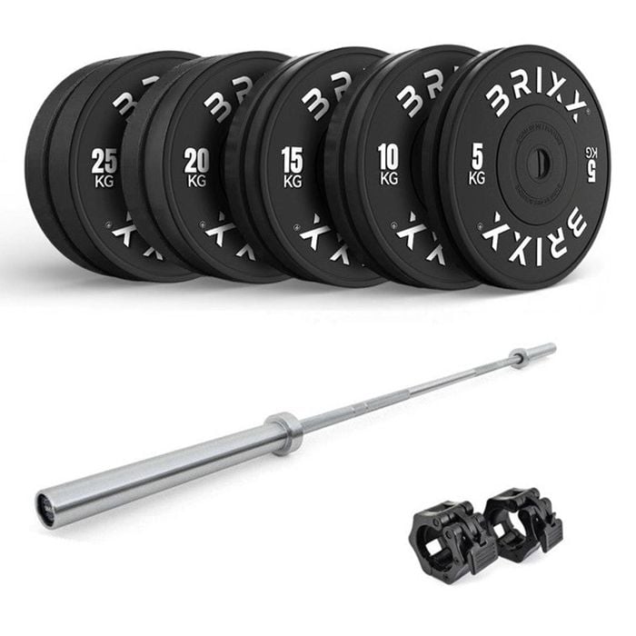 Brixx 150kg Pro Black Olympic Bumper Plates + 20kg Barbell