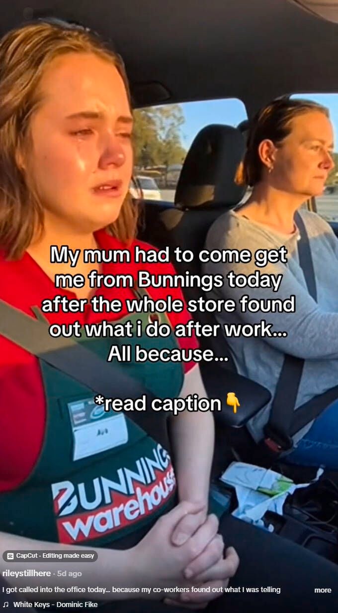 A Bunnings Team member and a lady in a car with white writing on the image.
