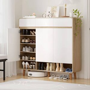 HOMFURN Shoe Cabinet with 3 Drawers, 5 Shelves Holds 25+ Pairs, Pine & White Entryway Storage Cupboard with Soft Close Hinges