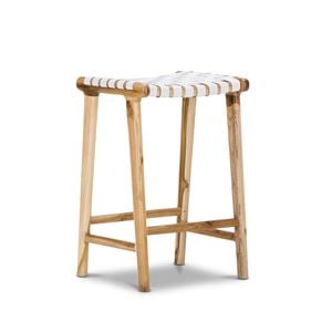 Lazie 66cm White Leather Strapping Teak Wood Bar Stool