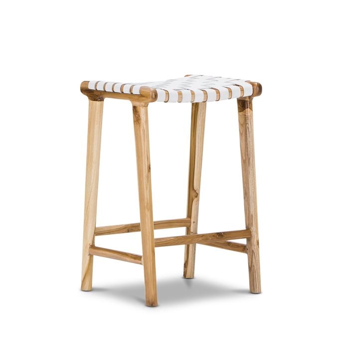 Lazie 66cm White Leather Strapping Teak Wood Bar Stool