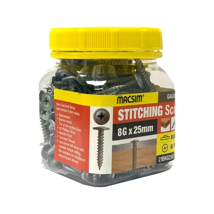 Macsim 8G x 25mm Stitch Button Screws Jar - 200 Pack