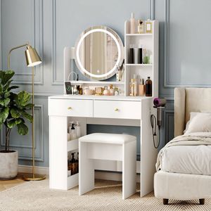 Ufurniture Modern Dressing Table with Power Outlets LED Round Mirror White