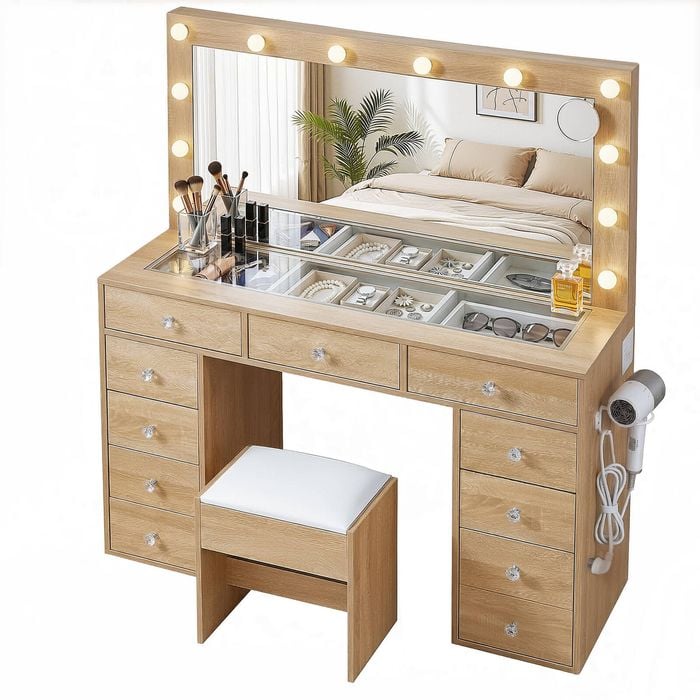 Artiss Dressing Table Charging Station LED Mirror Wood