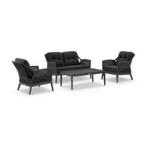 Hugo 2+1+1 Seater Outdoor Aluminium/rope Lounge Set Charcoal With Coffee Table & Grey Rope/denim Cushions