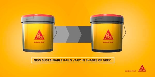 Two Sika Products shown side by side with a grey arrow between them, highlighting new sustainable packaging that varies in shades of grey.