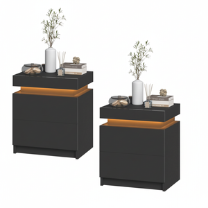 Advwin Bedside Table 2 Drawers With Lift Up Storage Nightstand LED RGB Light Side Table Black