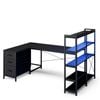 Ufurniture 164cm U Shape LED Gaming Desk with Power Outlets Reversible Corner Computer Table with Drawer & Bookshelf Black