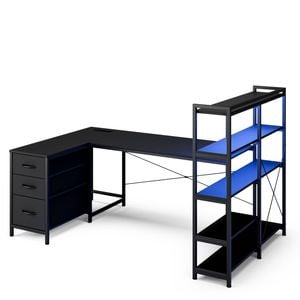 Ufurniture 164cm U Shape LED Gaming Desk with Power Outlets Reversible Corner Computer Table with Drawer & Bookshelf Black
