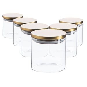 Argon Tableware Glass Storage Jar - Gold Lid - 550ml - Modern Round Scandi Organisation Container Glass Jar - Set Of 6