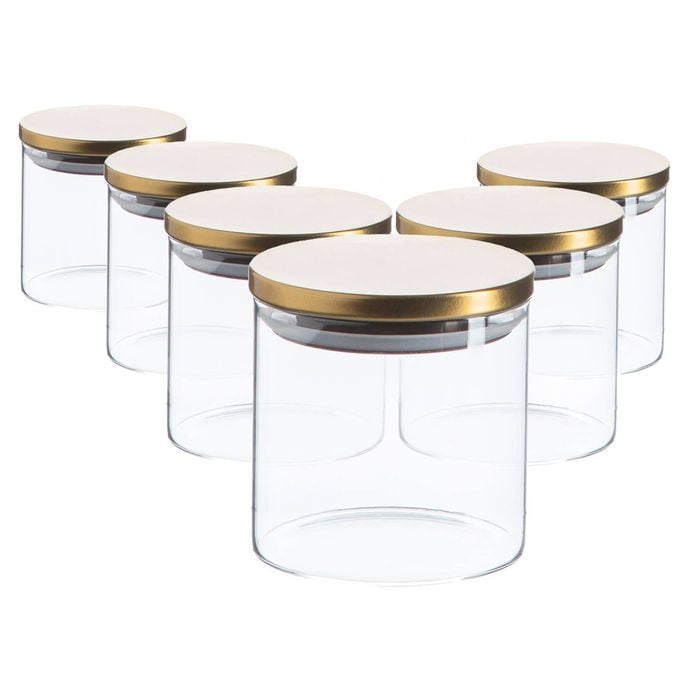 Argon Tableware Glass Storage Jar - Gold Lid - 550ml - Modern Round Scandi Organisation Container Glass Jar - Set Of 6