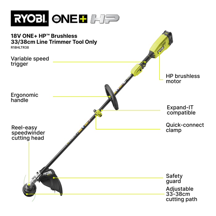 Ryobi 18V ONE+ HP 38cm Brushless Line Trimmer - Tool Only