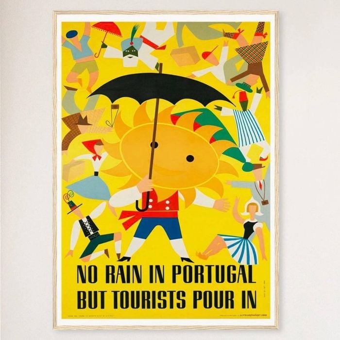 Galrie Charming Vintage Travel Poster of Portugal: No Rain But Tourists Pour In Artwork, Wood Frame, 50 x 70cm (20 x 28inch)