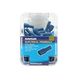 Narva 4mm / 6.3 x 0.8mm Blue Double Crimped Female Fully Insulated Blade Terminal - 100 Pack