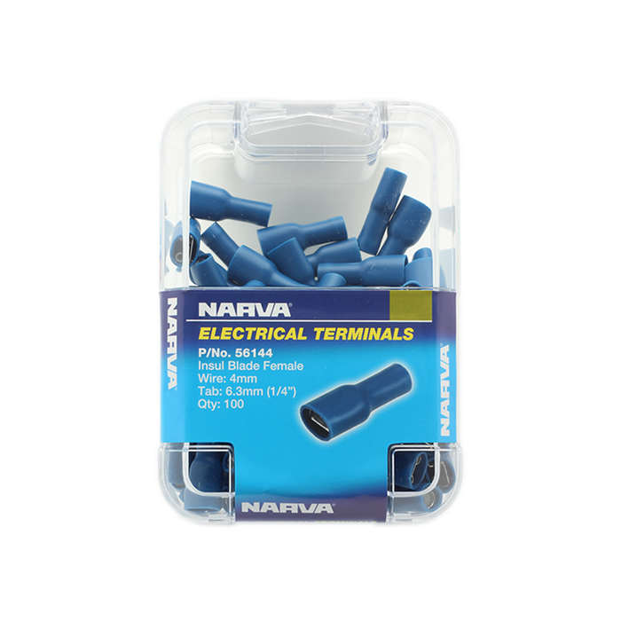 Narva 4mm / 6.3 x 0.8mm Blue Double Crimped Female Fully Insulated Blade Terminal - 100 Pack