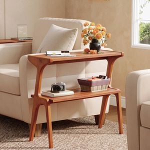 OAKORY 67cm Solid Wood Narrow Side Table with 2 Tier Storage Shelf in Rustic Brown