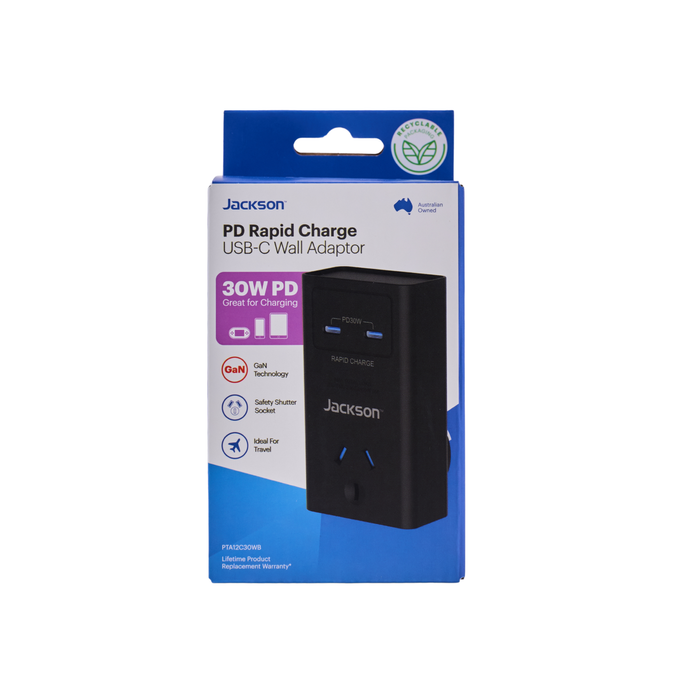 Jackson 1 Outlet Adaptor W USB 2C PD30W White