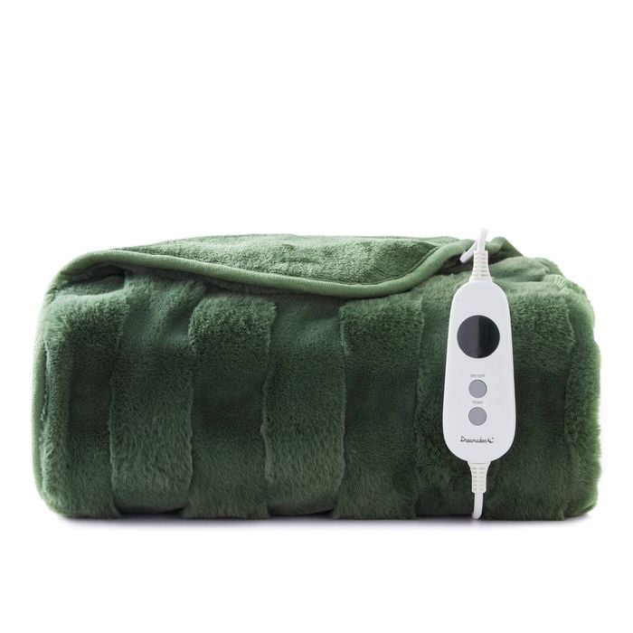 Dreamaker Basketweave Faux Fur Washable Electric Heated Throw Blanket Olive - 130x160cm | Overheat Protection & Auto-off