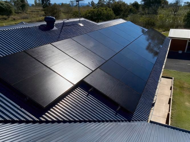 Solar panels on a grey roof of a house.