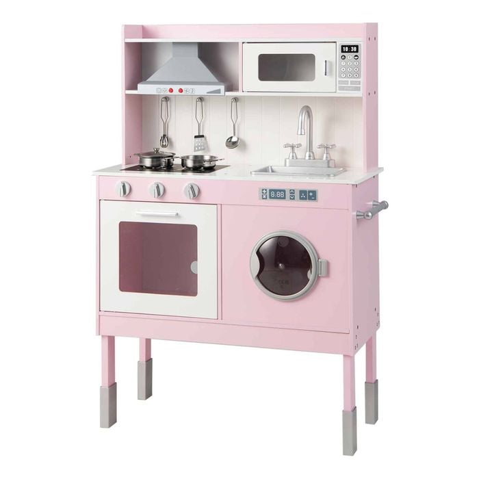 Costway Kid Pretend Play Kitchen Wooden Chef Kitchen Playset Toy Gift Pink
