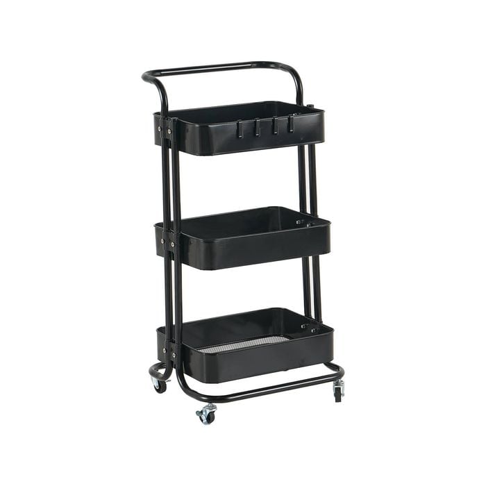 HOMFURN 3-Tier Rolling Utility Cart – Metal Mesh Storage with Lockable Wheels & Side Hooks, for Kitchen Office Home