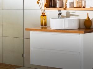 Floating vanity cabinet - White sink - Timber floor - Bathroom - Wide - Mondella